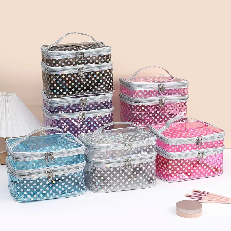 Polka dot transparent PVC double layer makeup bag Multi-functional portable waterproof makeup case large capacity travel storage 6
