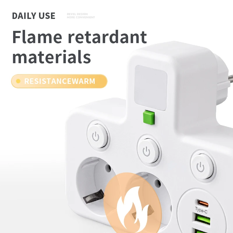 European Standard Wall-Mounted Power Strip with USB-C Charging and Independent Switches