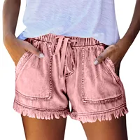 Ladies' Washed Solid Color Slimming Tassel Edge Denim Shorts Fashion Sexy Elastic Waist Leisure Pockets Summer Short Trousers - Image 2