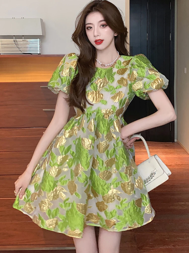 

Summer Fashion Print Puff Sleeve Backless Mini Dress Women Korean Elegant Casual Dress 2023 New Elegant Casual Festival Dresses