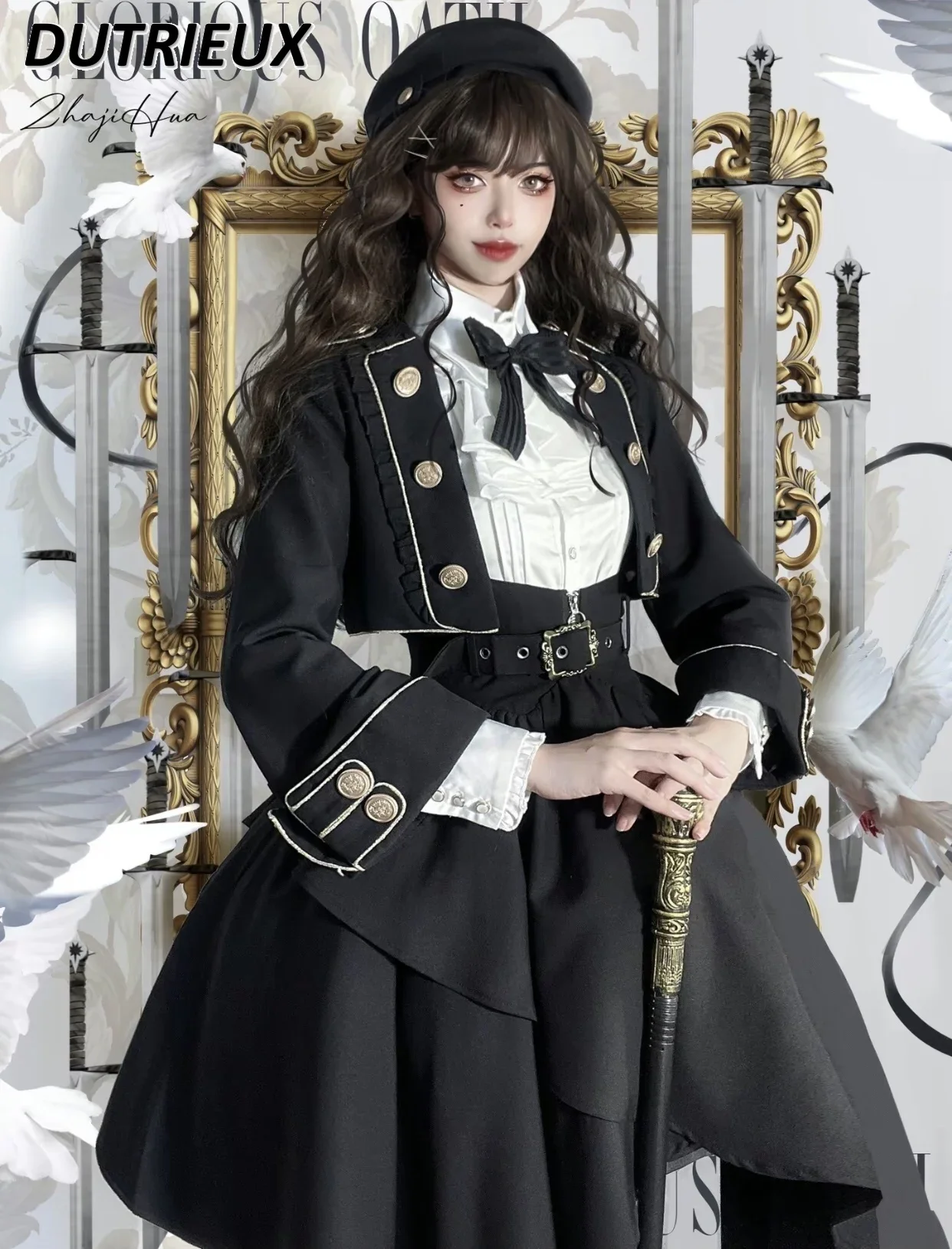 

Girl's Handsome Military Uniform Lolita Style Black Short Coat + Stand Collar White Shirt + Irregular Hem Mid-Length Skirt Set