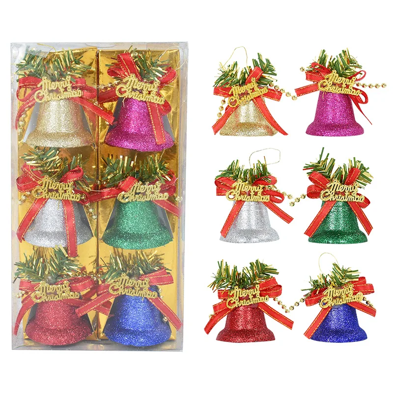 

6pcs Glitter Christmas Bow Bell Colorful Bell Xmas Pendant for Home Christmas Tree Hanging Ornament Navidad New Year Party Decor