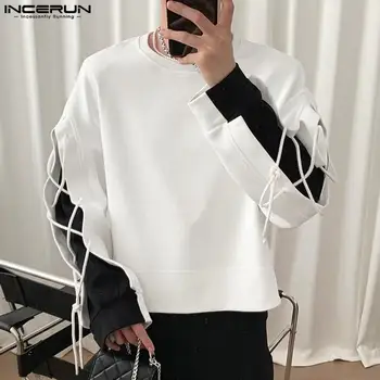 INCERUN Tops 2023 한국 스타일 새로운 남성 블랙 & 화이트 대비 컬러 레이스 티셔츠 캐주얼 스트리트 느슨한 o-넥 Camiseta S-5XL
