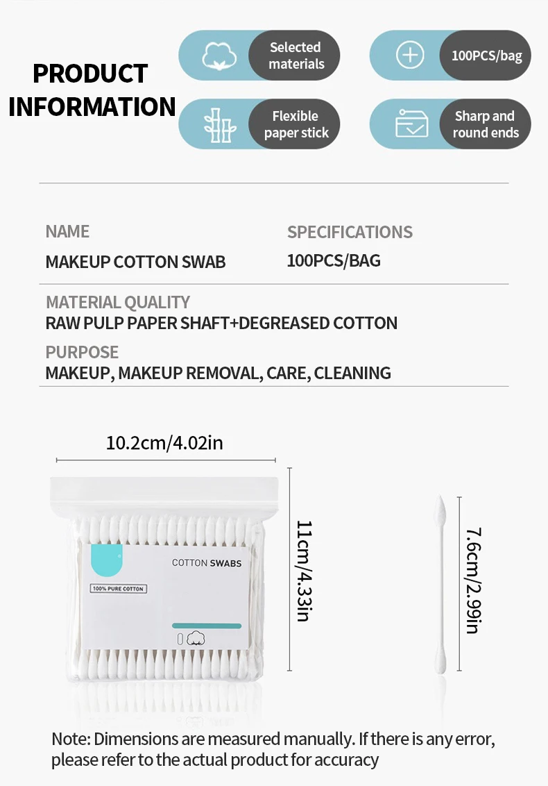 Description Picture 3 of item100PCS/bag double ended cotton swab - suitable for beauty, makeup, makeup removal, and daily cleaning use