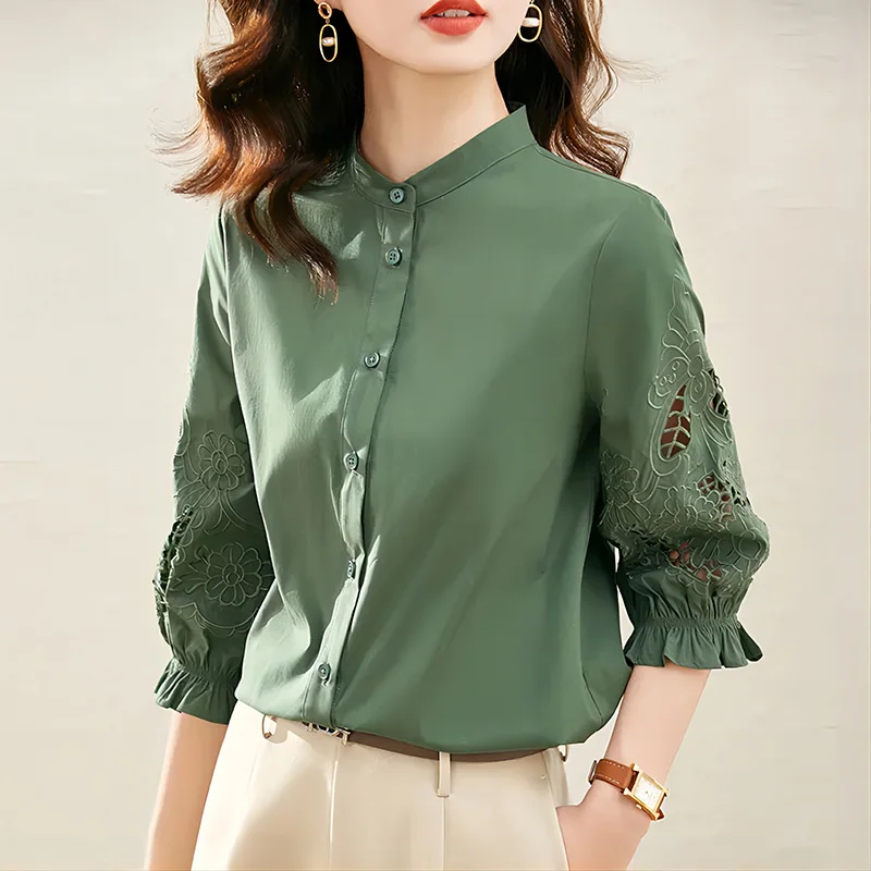 Fashion Button Three Quarter Embroidery Hollow Out Shirts Women's Clothing 2023 Autumn Winter Casual Tops Office Lady Blouses