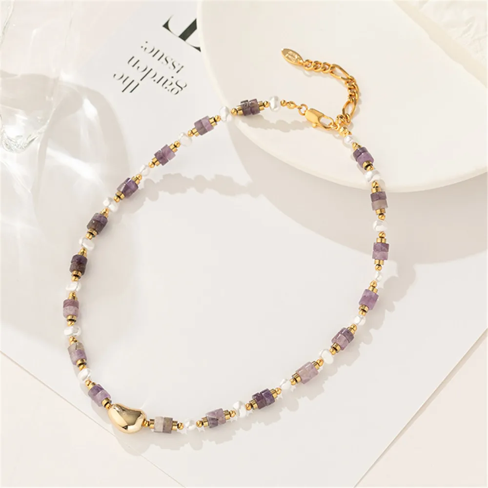 

Fashion OL Natural Amethyst Abacus Beads Pearls Golden Beans Beaded Necklace Women Clavicle Chain Vintage Luxury Fine Jewelry