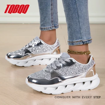 Women's Fashion Glitter Silver Chunky Sneakers Lightweight Comfortable Casual Sports Shoes Female Walking Shoes 1