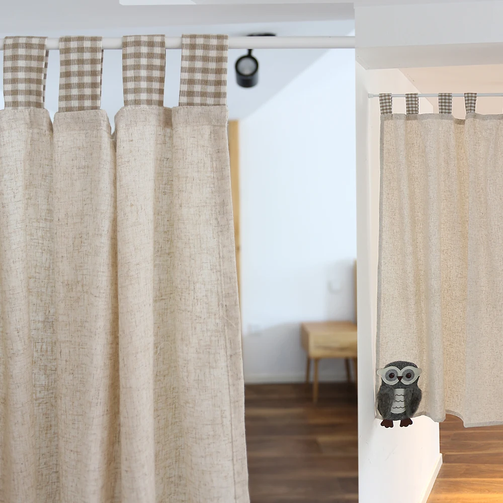 

Nordic Solid Color Cotton Linen Semi-blackout Short Curtains Modern Simple Owl Embroidery Plaid Curtain for Cafe Door Fabrics