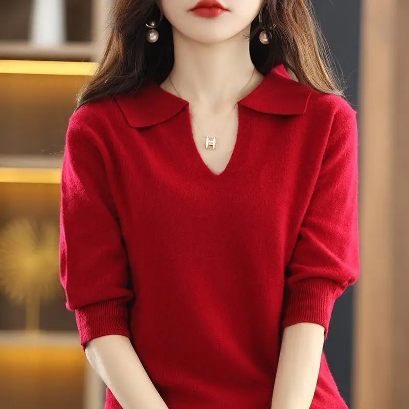 

Polo Collar Mid Sleeve T-shirt Knit Sweater Women Spring New Loose Pullover Cropped Top Versatile Sweater Base Layer