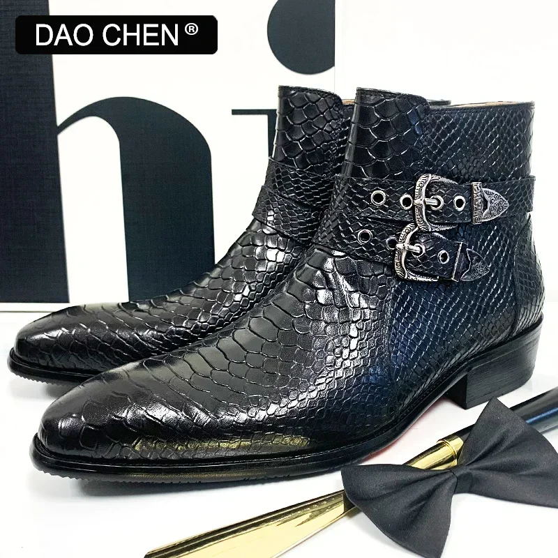 LUXURY DESIGNER MEN ANKLE BOOTS SHOE COFFEE BLACK SNAKE PRINT BUCKLE STRAP CASUAL DRESS SHOES GENUINE LEATHER BOOTS MEN