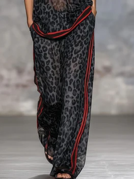 Summer Casual Outfits Female Leopard Print Stripe Contrast Color Two Piece Set for Women Short Sleeve Top & Wide Leg Pants 1