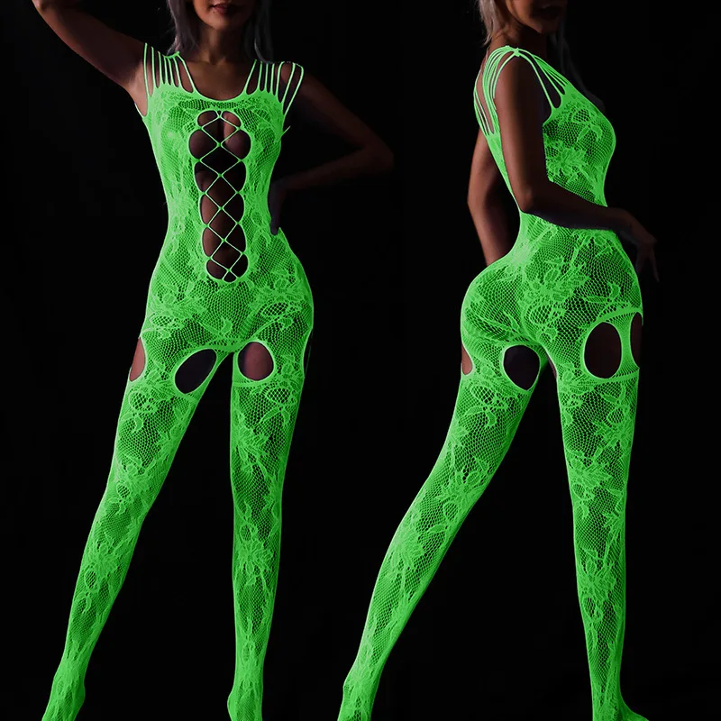 Luminous Teddy Catsuit Glow In The Dark Erotic Lingerie Full Body Stockings Open Crotch Sexy Underwear Fishnet Women Nightwear women underwear sexy lingerie