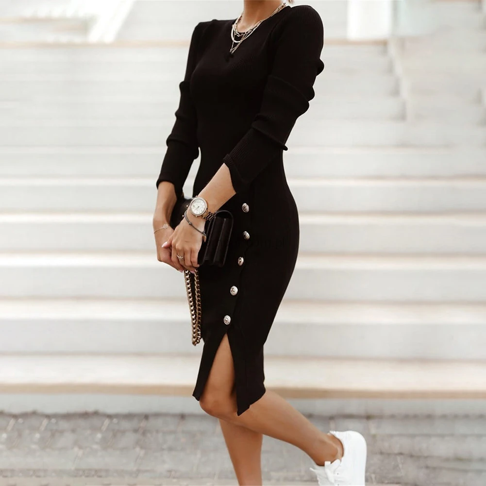 

New Women Autumn Casual Knitted Round Neck Long Sleeve Button Slit Elastic Straight Dress Elegant Solid Lady Split Hem Dresses