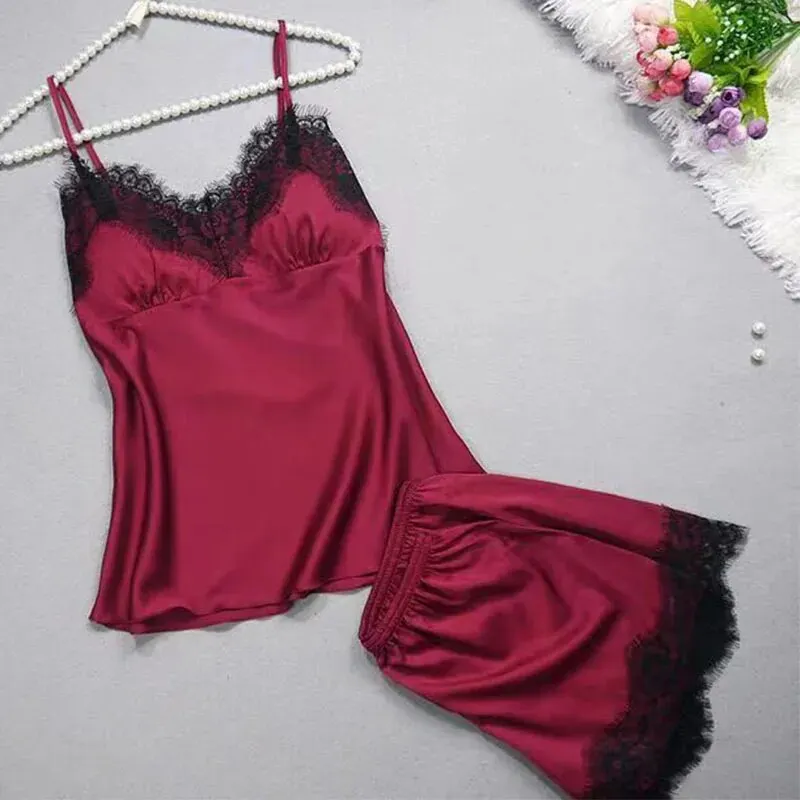 Women pajama suit 2 PCS Halter Camisole And Shorts Home Wear Red Black Sexy Lace S M Ventilate Comfort