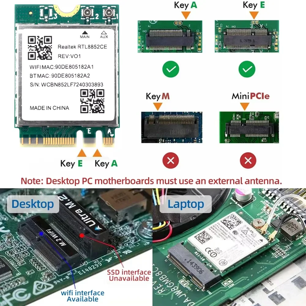 WiFi 6E RTL8852CE M.2 NGFF Wireeless Adapter Bluetooth 5.3 5374Mbps 2.4G/5G/6GHz 802.11AX For Desktop/Laptop For Win10/11