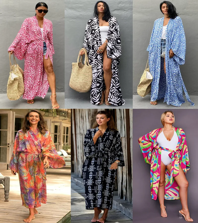 

6 Styles Bohemian Printed Bikini Cover-ups Elegant Self Belted Kimono Dress Tunic Women Beach Wear Swim Suit Cover Up