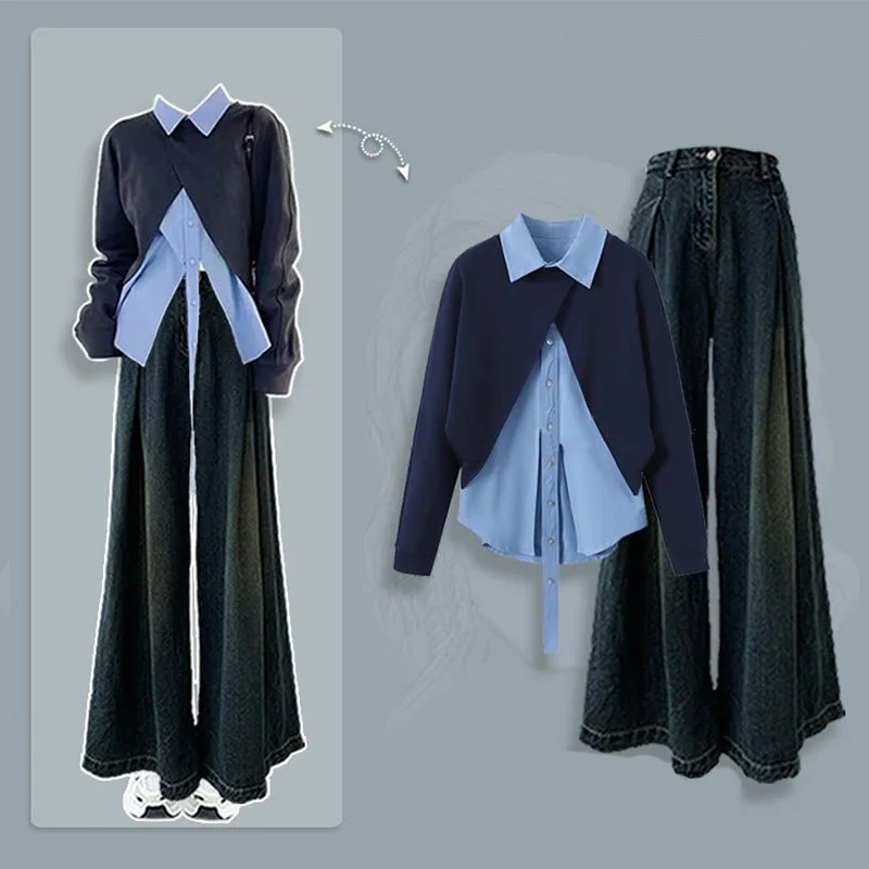 Autumn Set Women's 2023 New Design Sense Sweater Shirt Two Piece Set Vintage Jeans Three Piece Setclothes for Womenpant Sets