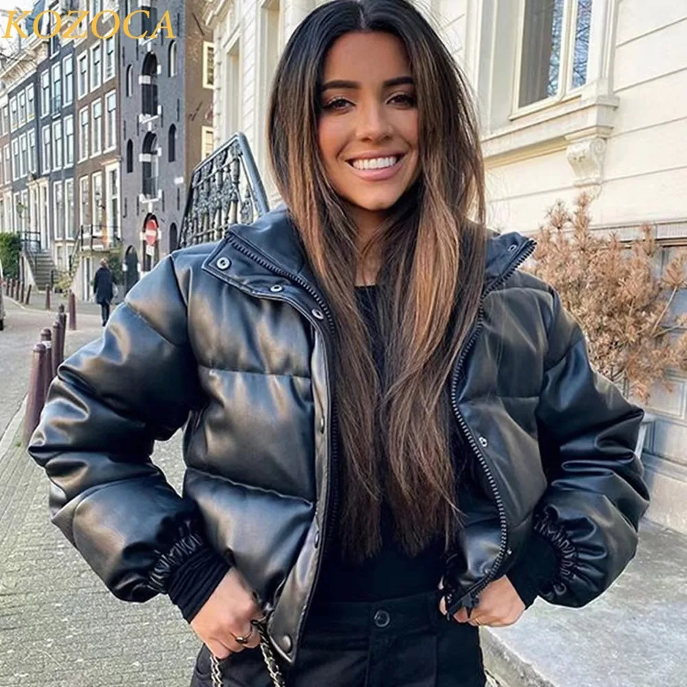 

Kozoca New PU Leather Cotton Coat Short Warm Bread Parkas Locomotive Cool Girl Casual Zipper Coat Women Winter Jacket Streetwear