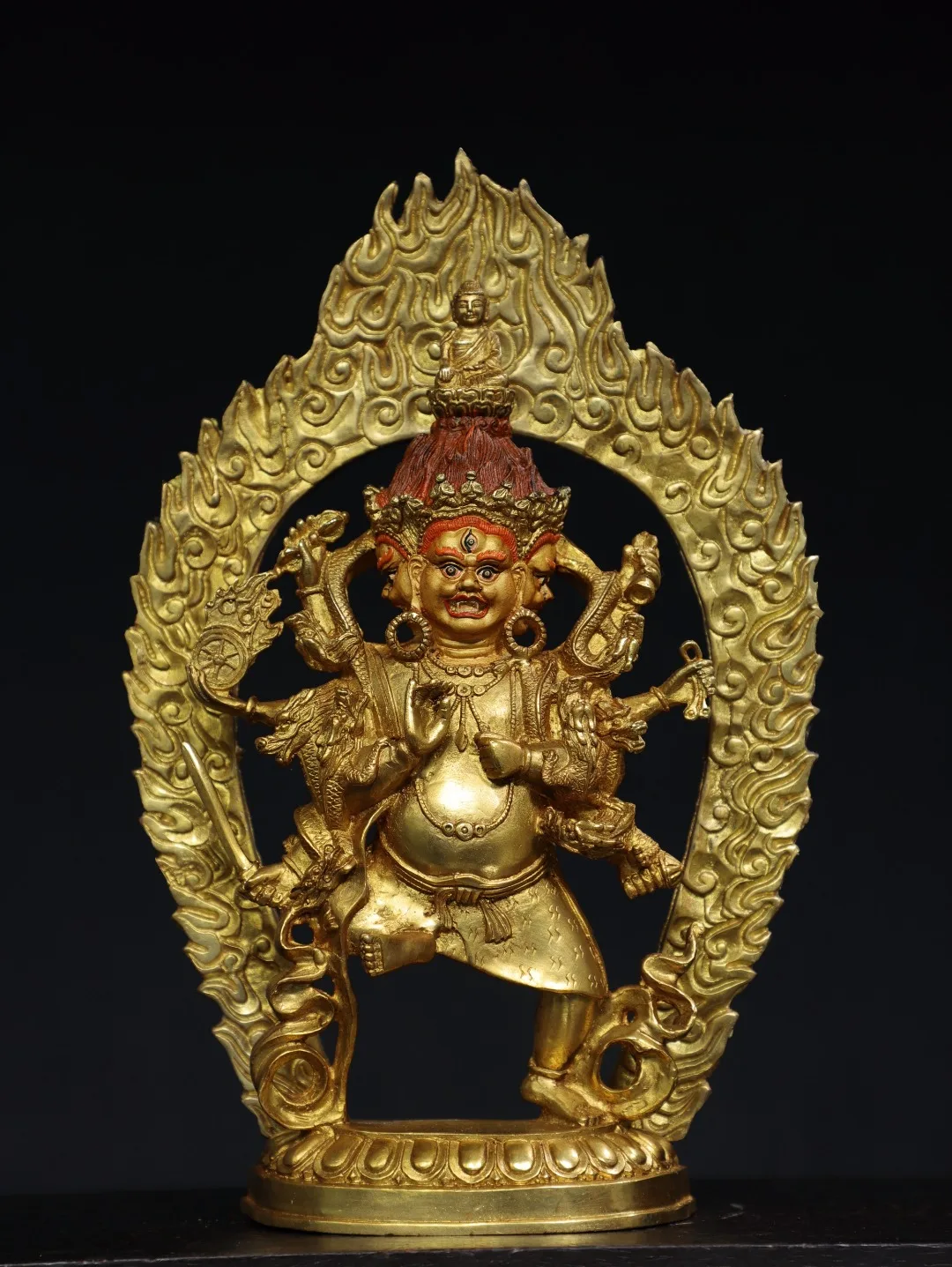 

13"Tibet Temple Collection Old Bronze Cinnabar Gilded Face Painting Six armed Mahakala Buddha Backlight Worship Hall Town house