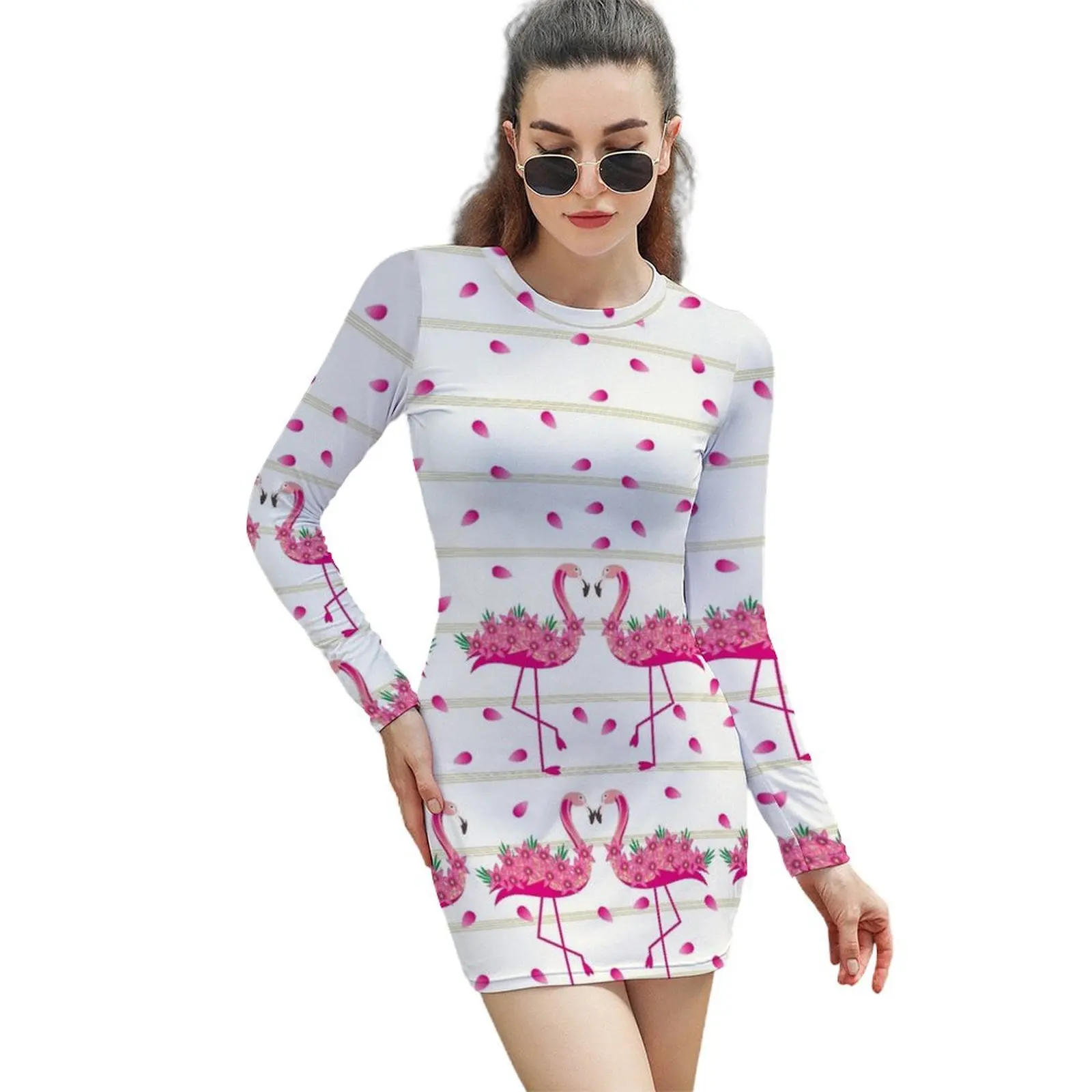 

Flamingo Pink Flower Art Long-Sleeved Sheath Dress women long dresses cute dress