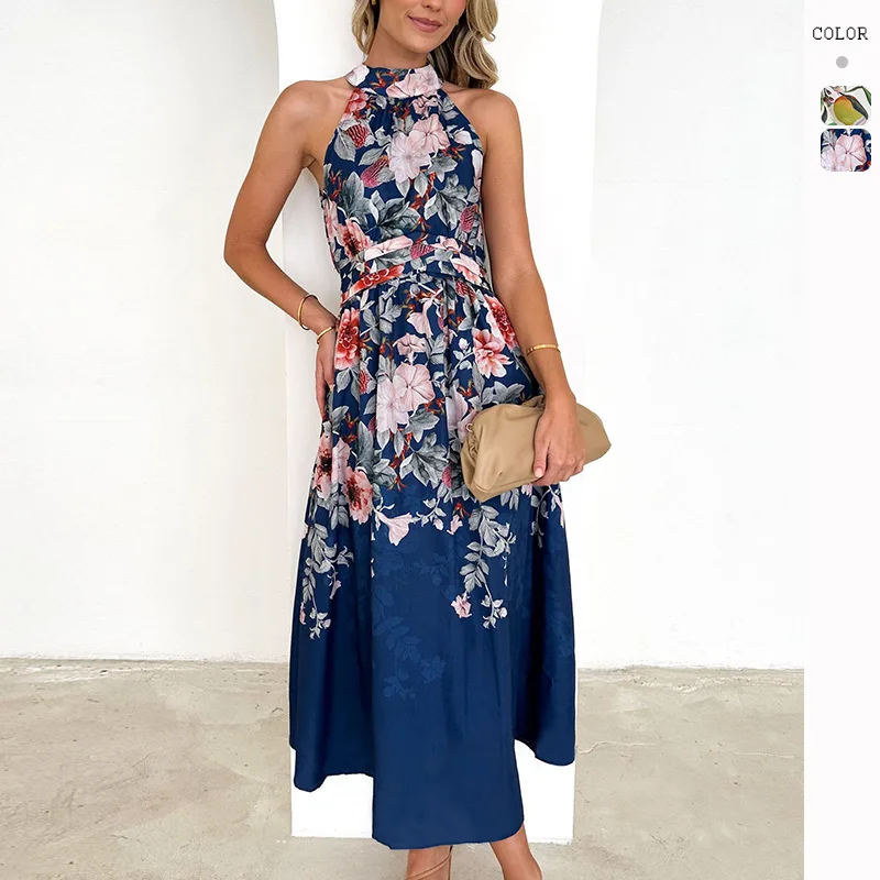 

2024 Spring Summer European and American Amazon Women's New Fashion Halterneck Print Waist Slim Dress Women