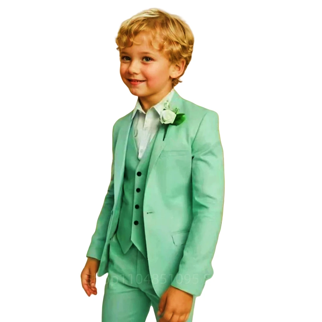 Green 3 Piece Boys Suit Fashion Design Jacket Pants Vest Set Kids Tuxedo for Wedding Graduation Stage Performance Formal Outfit