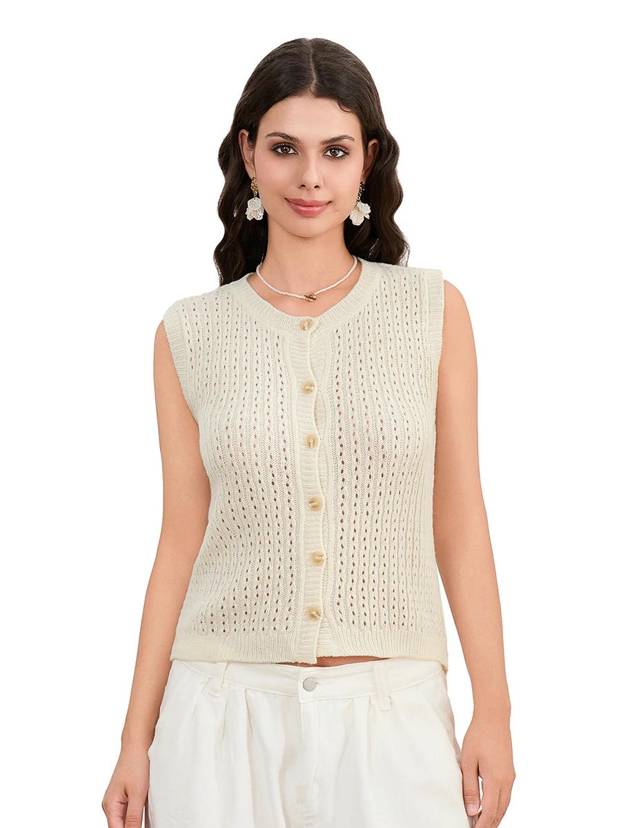 

Женский вязаный крючком жилет, повседневные однотонные майки без рукавов на пуговицах, свитер, жилет, винтажная уличная одежда