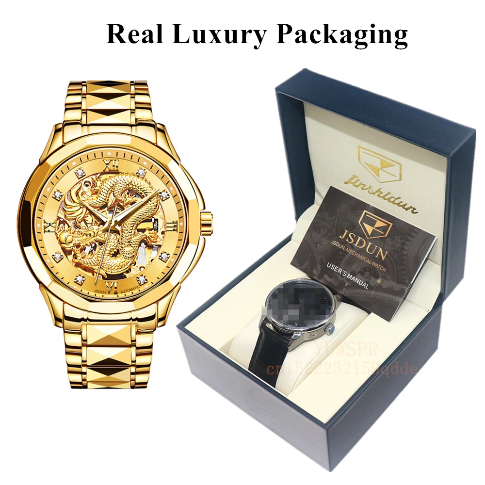 JSDUN Gold Dragon Watch for Men Luxury Brand Automatic Mechanical Watch Stainless Steel Strap Hollow-carved Man Clock Gift 8840