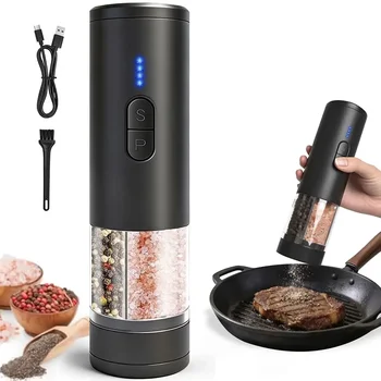 Electric Automatic 2-in-1 Pepper Salt Grinder Dual Chamber with Separate Grinding Heads USB Adjustable One Hand Operated Kitchen 1