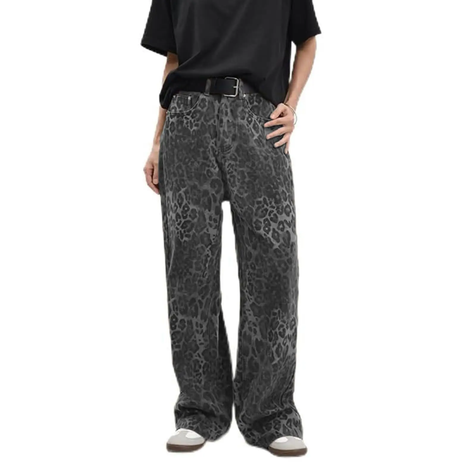 Washed Leopard Elastic Waist Jeans