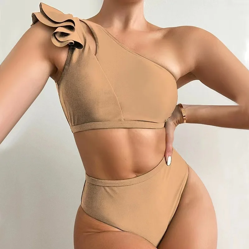 One Shoulder Cut Out Bikini Set Solid Swimsuit Women High Waist Swimwear Push Up Brazilian Bathing Suit Female Bikinis 2024 New
