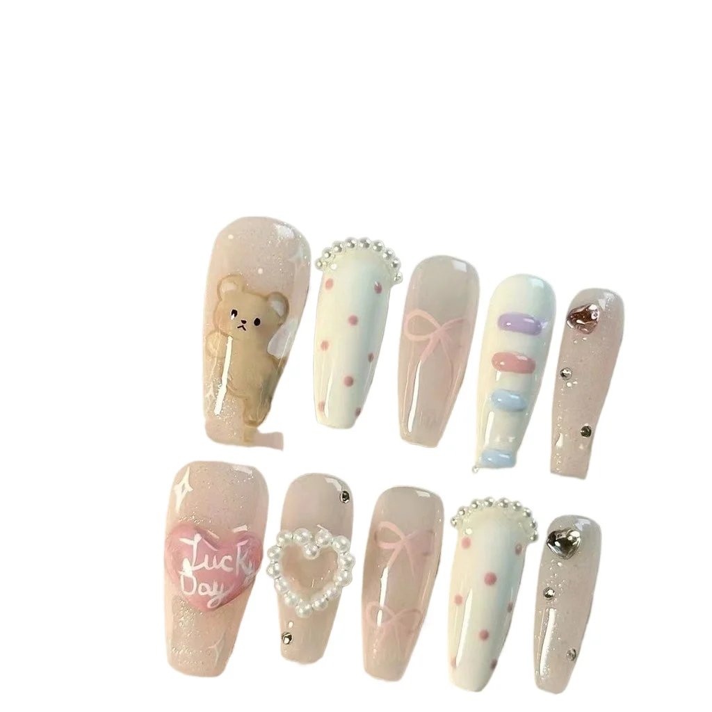 여름 프레시 베어 클라우드 보우 핸드메이드 웨어 네일즈 펄 러브 큐트 네일 아트 스윗 카툰 리무버블 페이크 네일즈