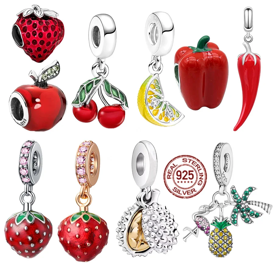 

Fruit & vegetable Series Silver 925 Pineapple，Lemon Slice， Strawberry Dangle Charm Bead Fit Original Pandora Bracelet Jewelry