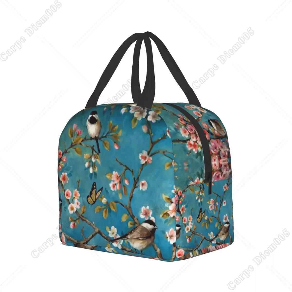 Cute Birds Cherry Blossom Insulated Lunch Bag Waterproof Parrot Bird Thermal Cooler Lunch Box for Women Office Work School