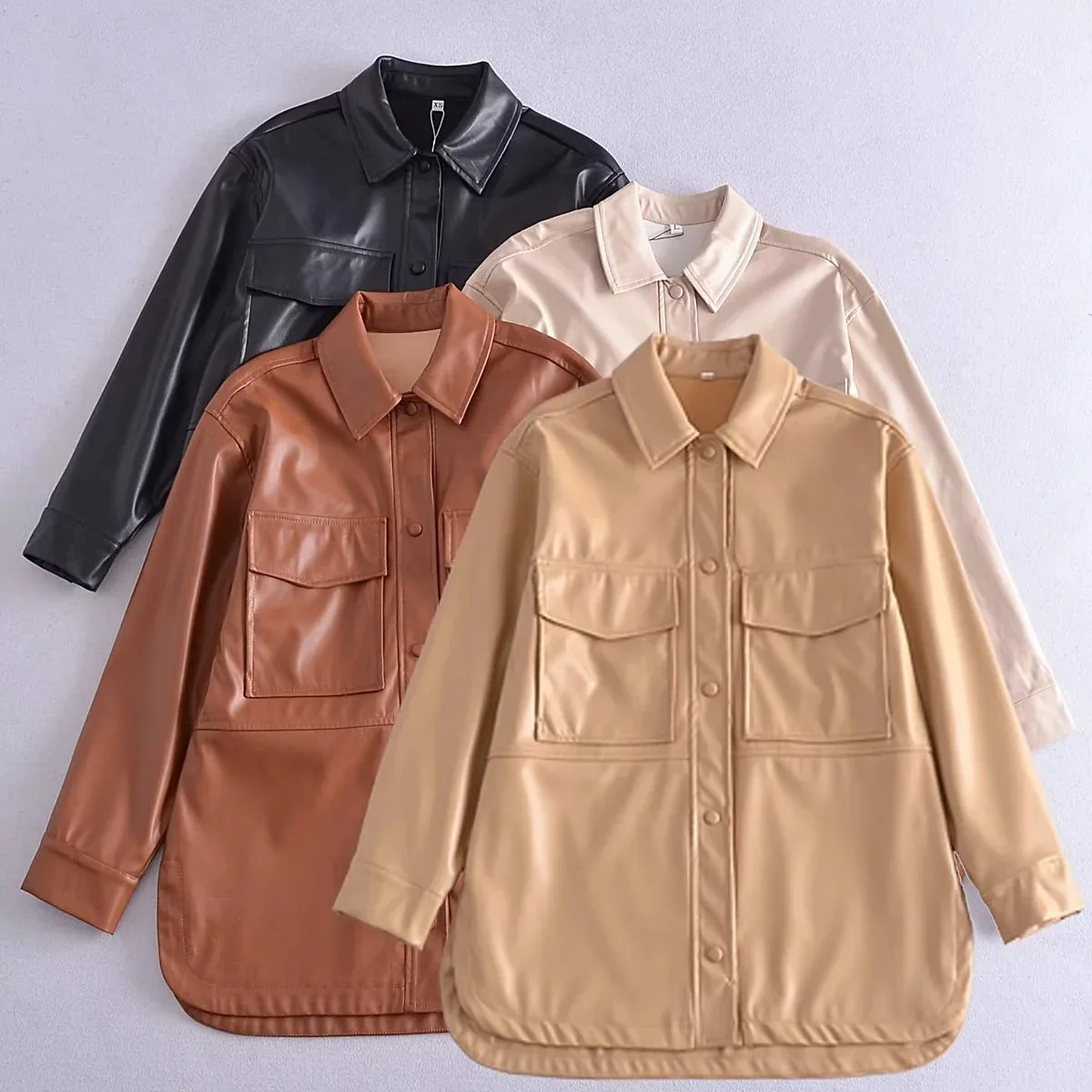 

Leather Blouse Office Lady Shirt Women's Clothing Style Slim Fitting Long Sleeved Leather Shirt Single Breasted Jacket