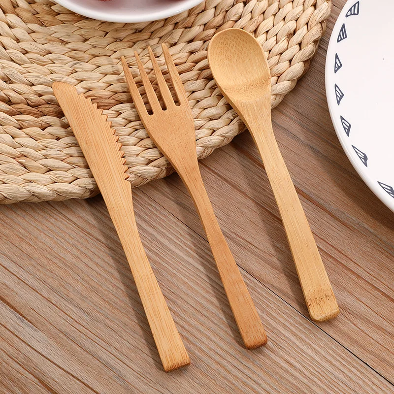 Bamboo Cutlery Set 3pcs/set with Cutlery Bag Reusable Wooden Fork Spoon Knife Set Tableware Nature bamboo Travel