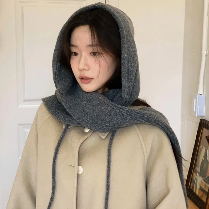 Korean Autumn Winter Balaclava Hats Women Knitted Drawstring Scarf Warm Plush Hooded Caps Soft Sweet Cute Elegant Beanies Caps 2