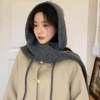 Korean Autumn Winter Balaclava Hats Women Knitted Drawstring Scarf Warm Plush Hooded Caps Soft Sweet Cute Elegant Beanies Caps 2