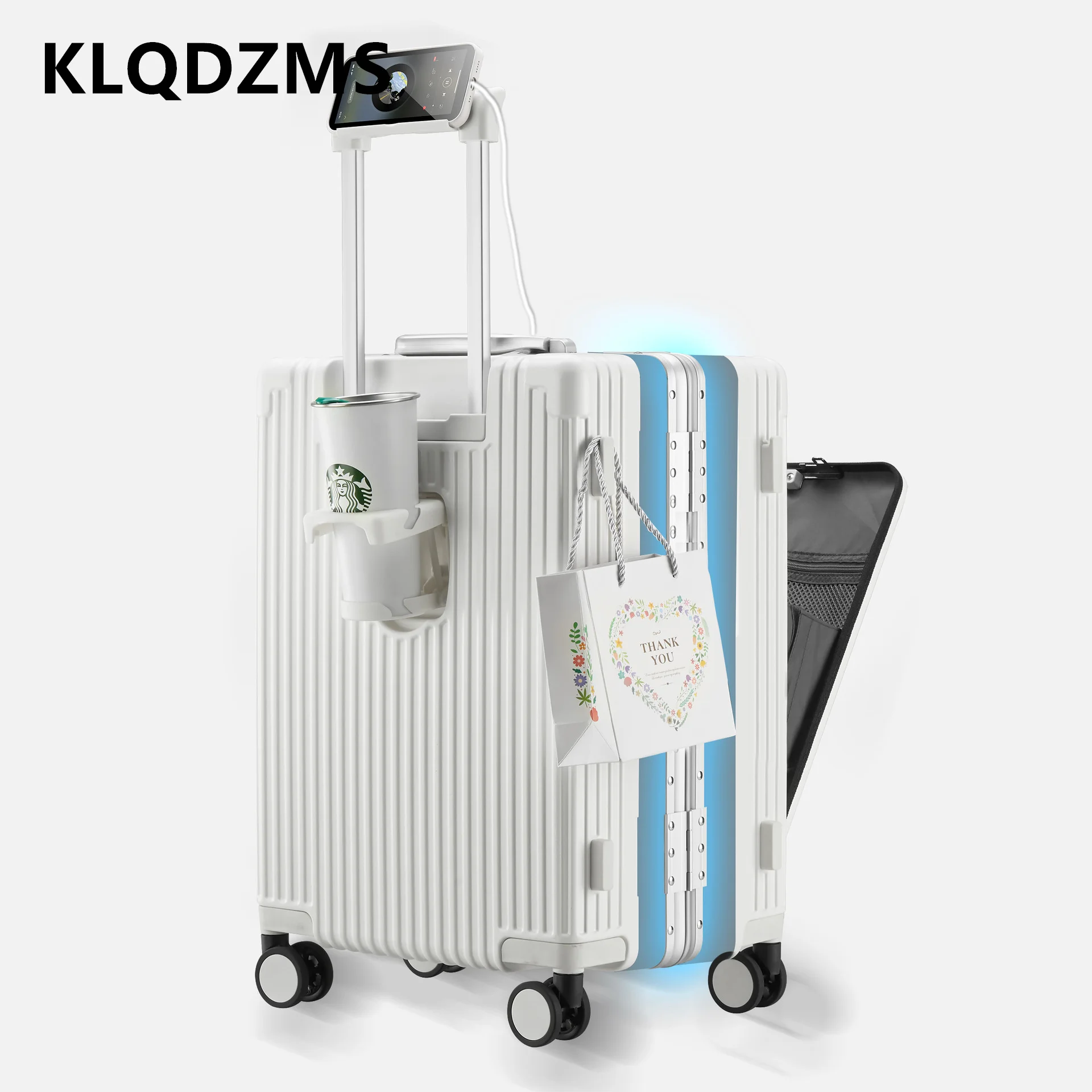 KLQDZMS 18Inch Suitcase High Quality Small Boarding Box Front Opening Aluminum Frame Trolley Case with Wheels Rolling Luggage