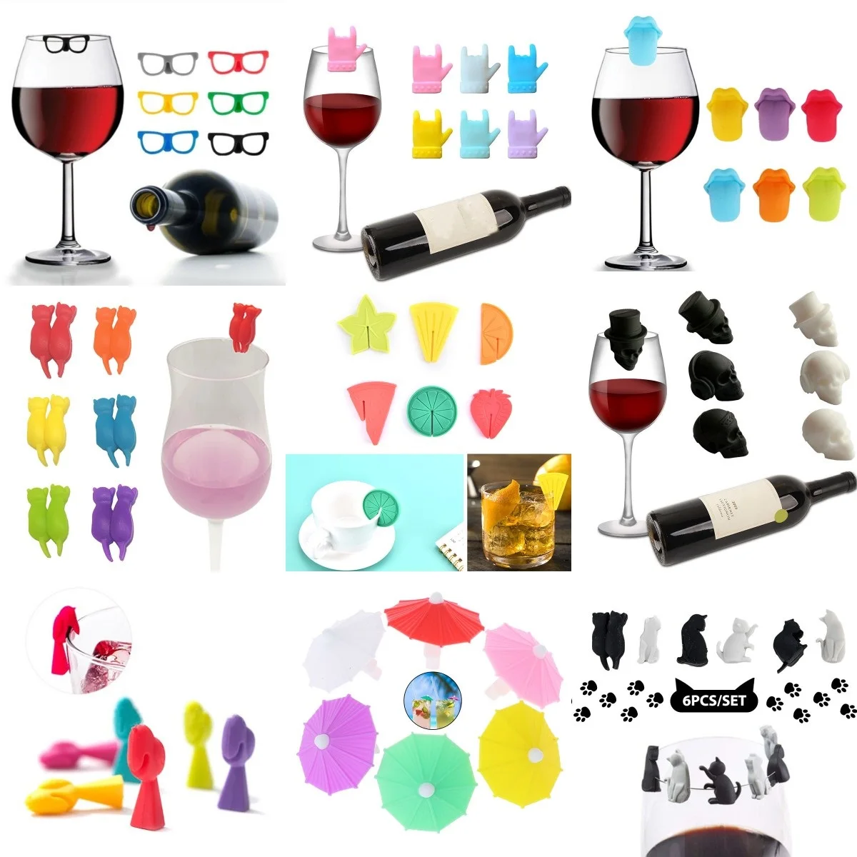 1/6/10/12pc Wine Glass Marker Wine Charms Glasses Identifier Marker Cups Glasses Markers Silicone Glass Tongue Shape Tag