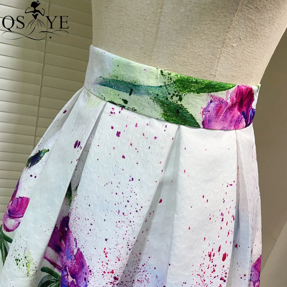 Purple Flower White A line Overskirt Skirt Colorful Heavy Satin