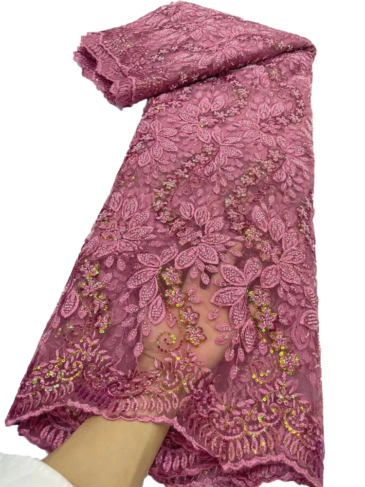 

Beaded Lace Fabric Luxury Tulle Lace French Embroidered African Lace Fabric 2023 High Quality 5 Yards for Wedding Dress YY445