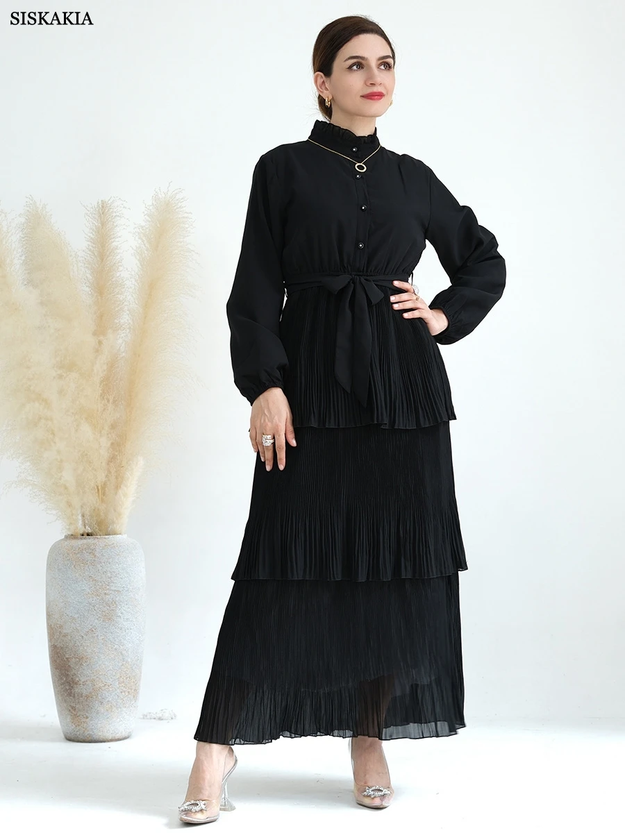 

Siskakia Saudi Muslim Ramadan Eid Black Chiffon 3 Layer Pleated Cake Skirt Jalabiyat Women Long Sleeve Stand Collar Belted Robe