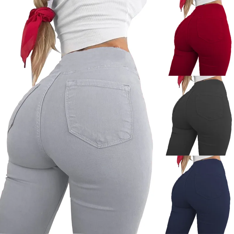 

Women Stretch Pockets Skinny Pencil Pants Slim Solid Color High Waist Trousers Gray Black Red Blue Female Casual Push Up Tight