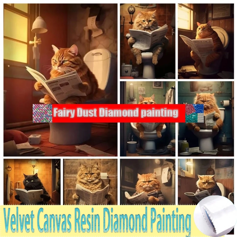 

Cat Fairy Dust Resin Diamond Painting Toilet Reading Newspapers 5D Diy Full Mosaic Arts Rhinestone Embroidery Picture Animals