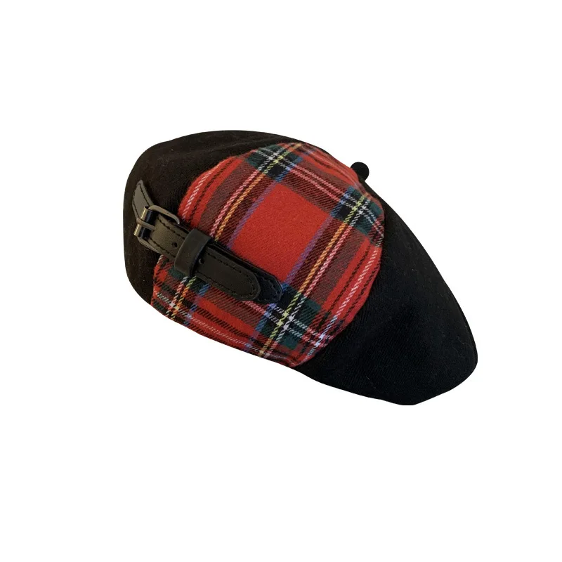 Children Beret Korean Version Fashionable Belt Buckle Color Matching Spring/Summer Retro British Plaid