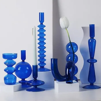 Blue Glass Candle Holder  Decor Nordic Rainbow Vase Flower Table Living Room Decoration Candlestick Holder  Wedding Altar
