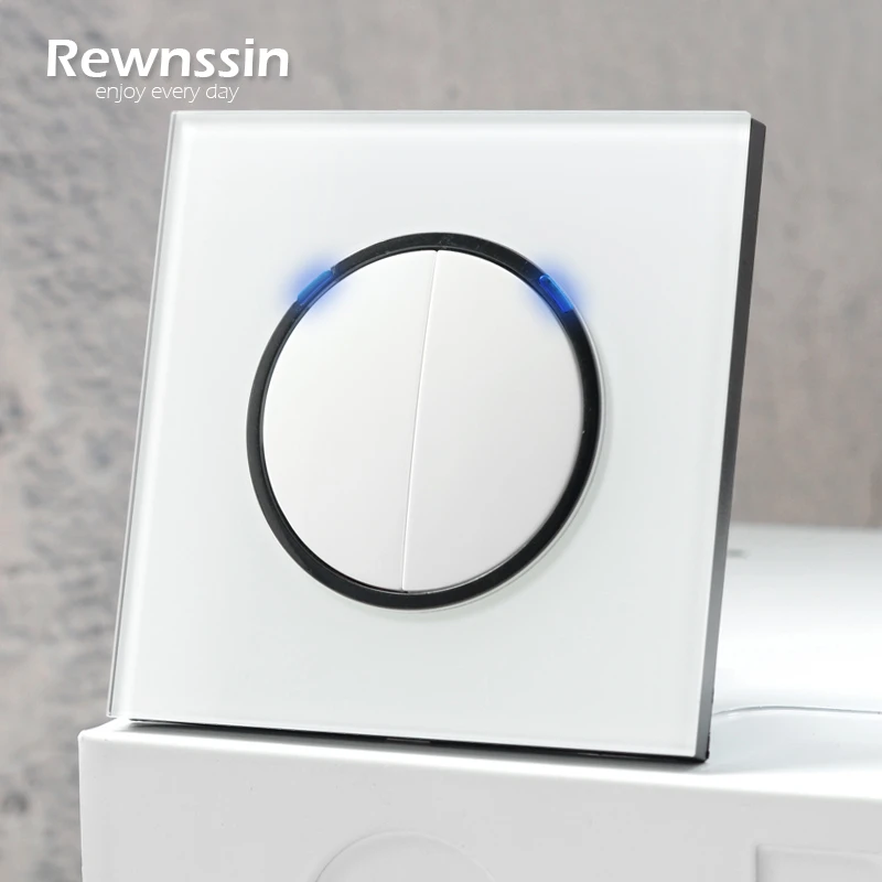 Rewnssin Light Switches and Sockets All Series Glass White Modern Style Random Click Push Button ON OFF EU Outlet Cat5e Socket double light switch