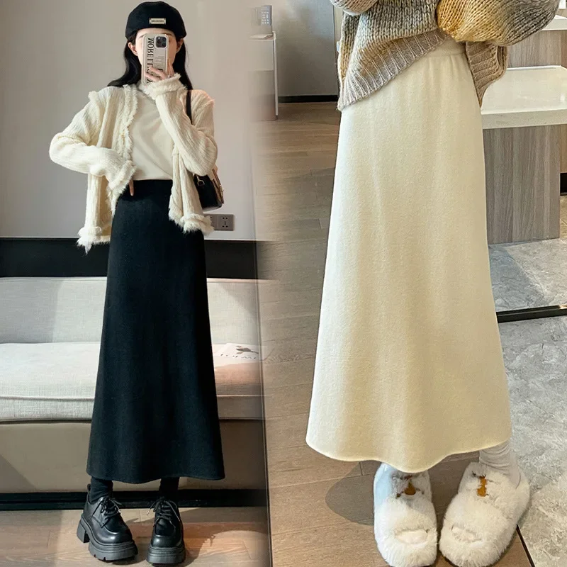 Pregnant Women Knitted Half Skirt Fleece Lined Asymmetrical Straight Leg Mini Skirt for Autumn Winter Versatile Bodycon Dress