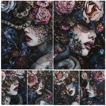 Bella donna, fiori e serpente, pittura su tela da parete gotica, estetica fantasia scura, poster artistico e stampa, decorazioni per la casa